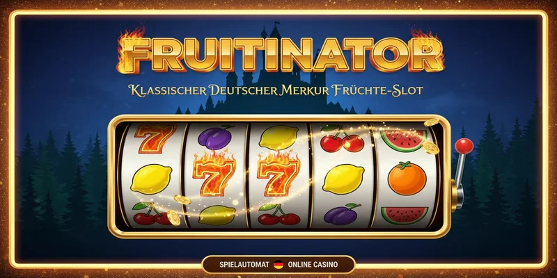 Fruitinator Spielautomat Banner mit brennender Sieben und Fruchtsymbolen